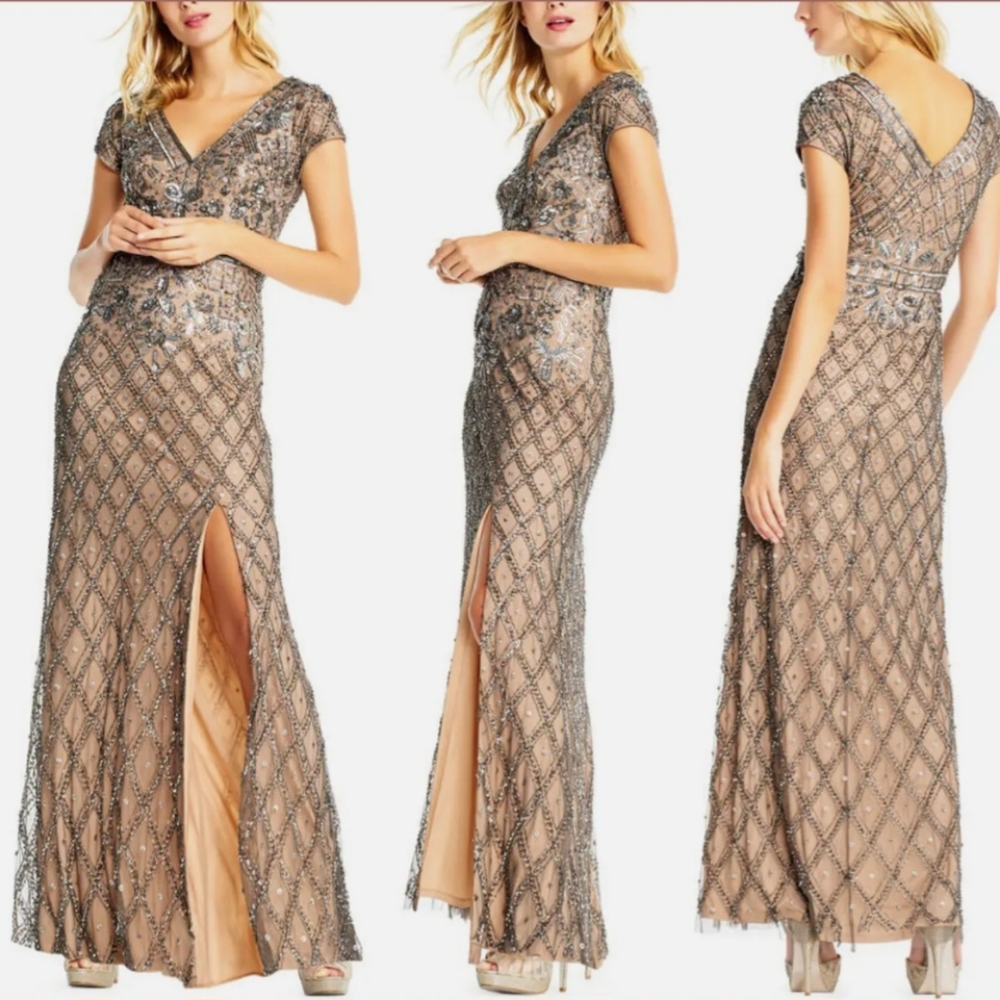 Adrianna Papell Embroidery Sequins Beaded Evening Wedding or Prom Gown